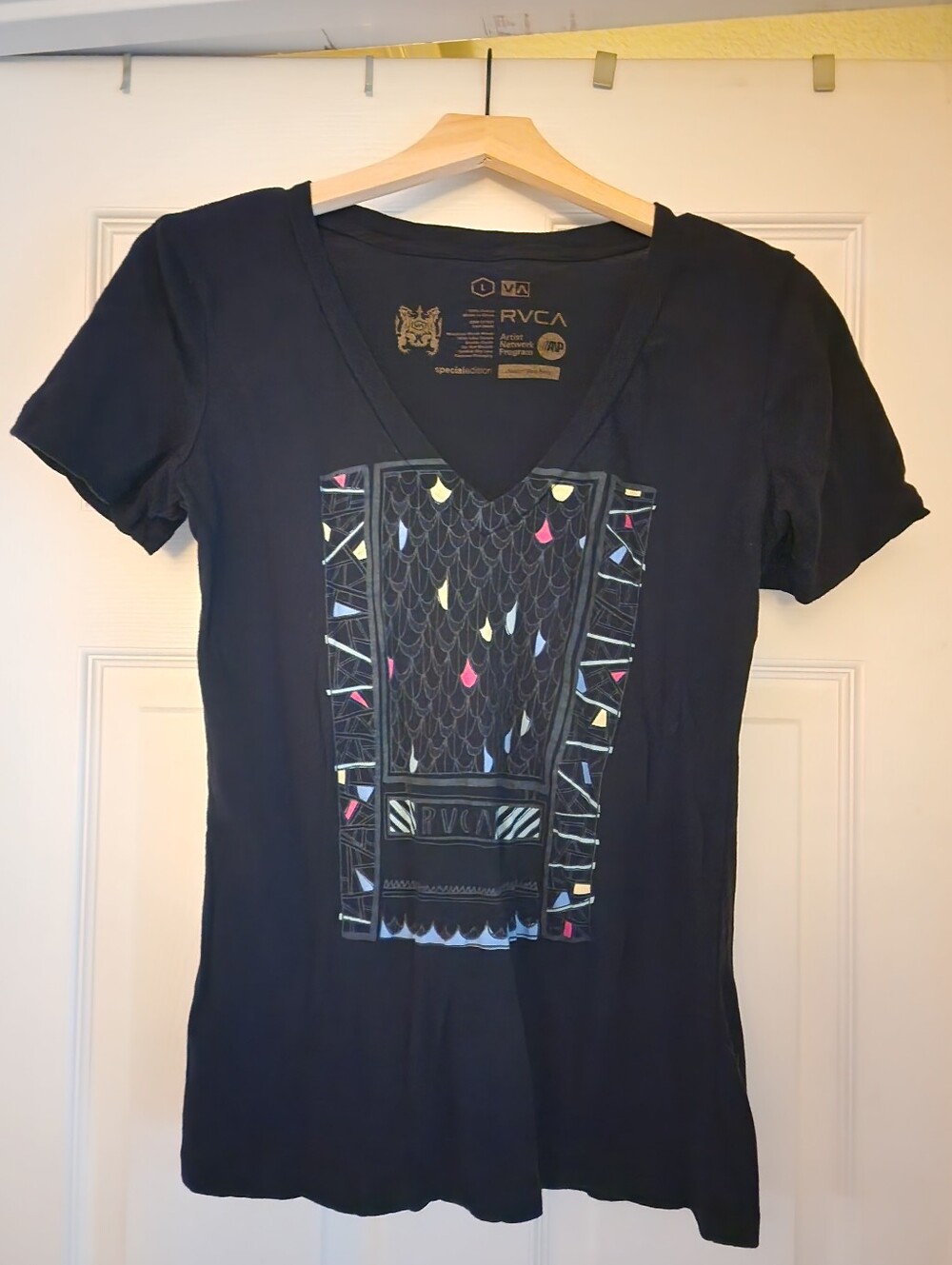 RVCA Black Short Sleeve V-Neck Tee with Multicolor Geo Drops